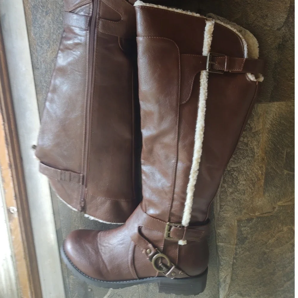 G by GUESS Riding Boots Women 10 Brown Excellent Shearling Trim Buckle Tall Zip